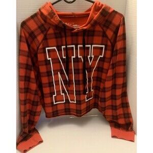 Flirtitude Active Long Sleeve Hooded Crop Top-Red & Black Plaid NY Women’s Sz L
